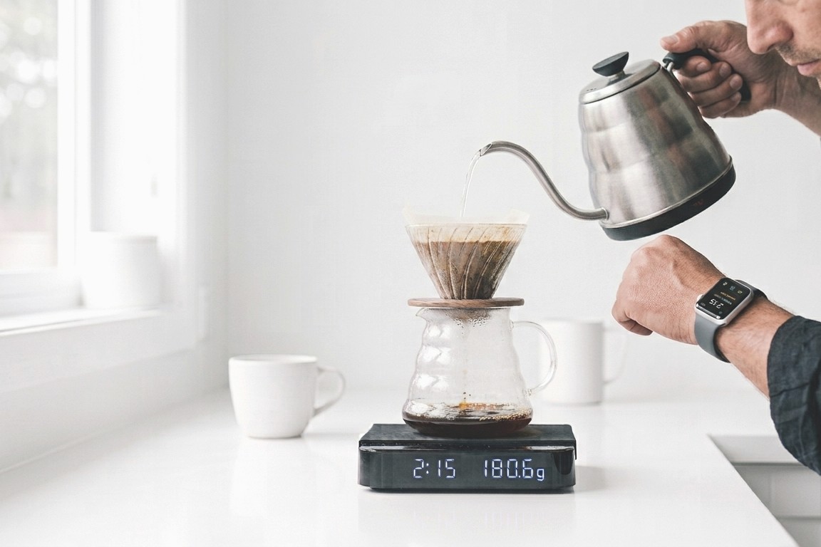 A pour-over on a scale reading 2:15 and 180.6 grams, water going in from a gooseneck kettle