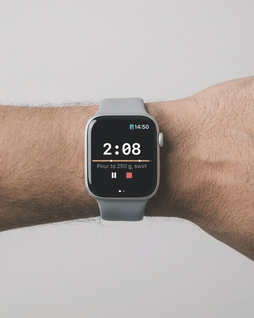 An Apple Watch on the wrist showing a brew timer at 2:08 and the instruction: pour to 250 grams, swirl