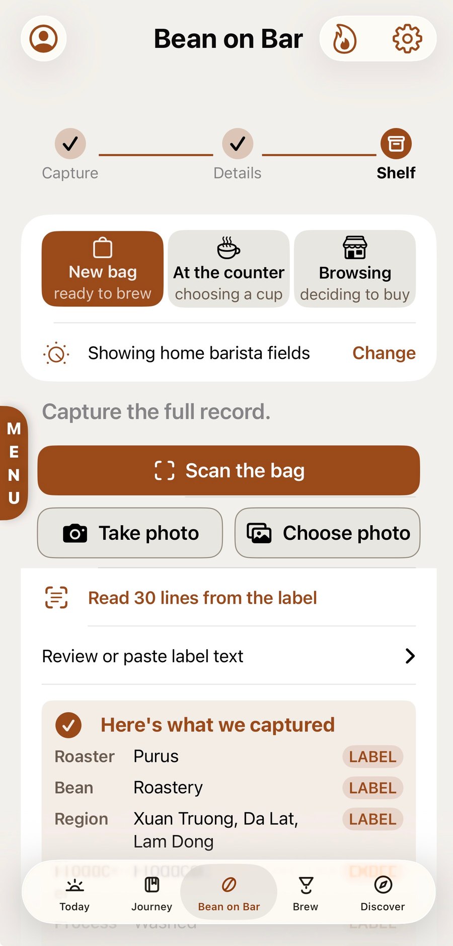 The Bean On Bar capture screen: New bag, At the counter, Browsing, with Scan the bag and Read 30 lines from the label