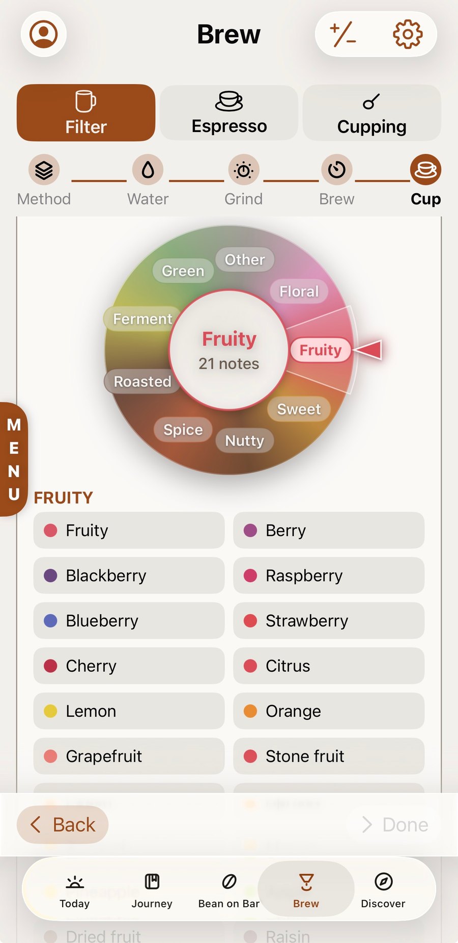 The Cup step: a flavour wheel with Fruity selected, showing twenty-one notes beneath it