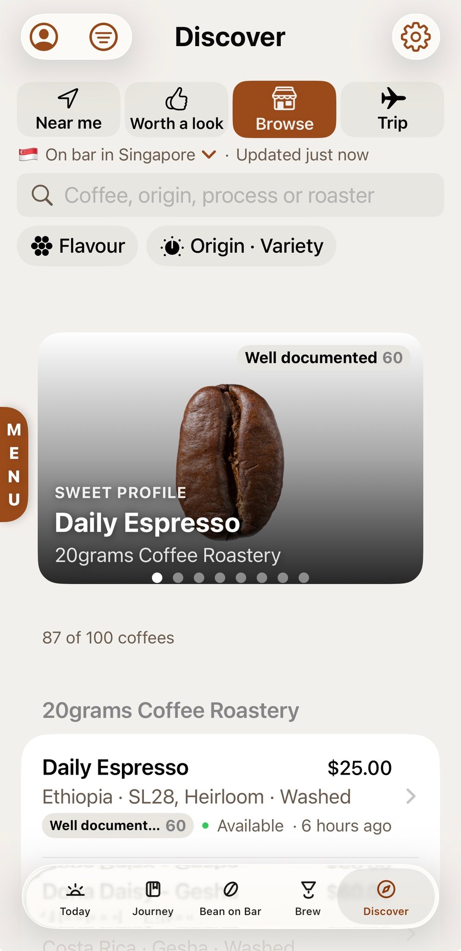 Browsing beans on bar in Singapore: 87 of 100 coffees, a Daily Espresso from 20grams Coffee Roastery at 25 dollars, Ethiopia SL28 Heirloom washed, well documented 60, available six hours ago