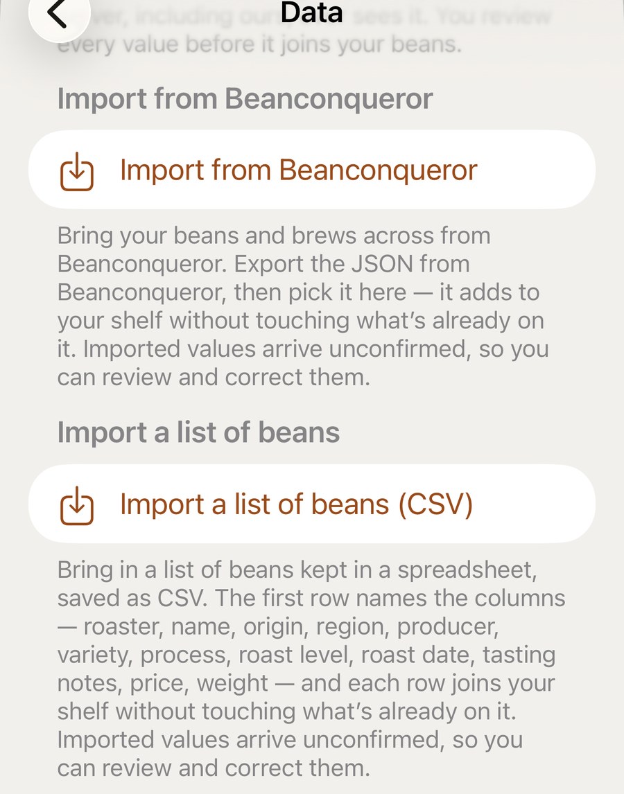 The Data screen in Bean On Bar, showing Import from Beanconqueror and Import a list of beans as CSV, each with an explanation
