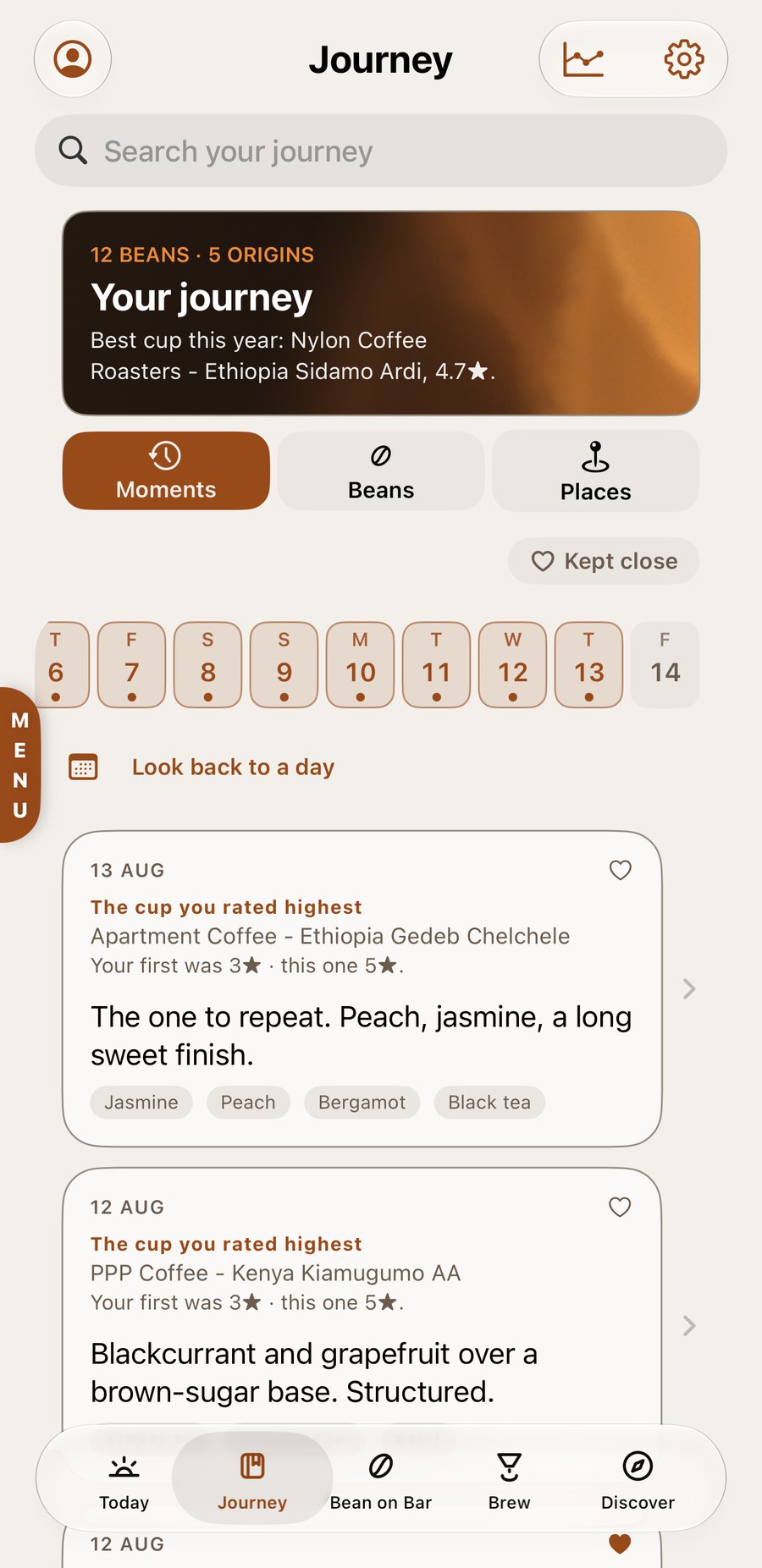 The Journey screen: twelve beans across five origins, with dated entries reading The cup you rated highest, your first was three stars, this one five