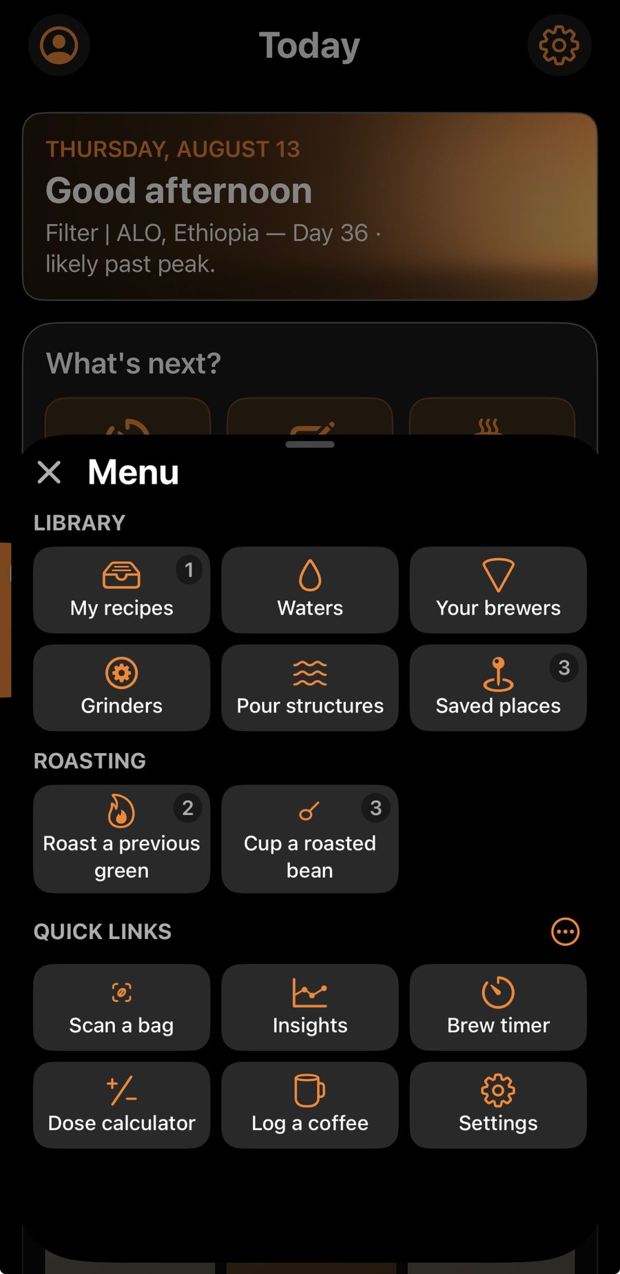 The same Bean On Bar menu in dark appearance