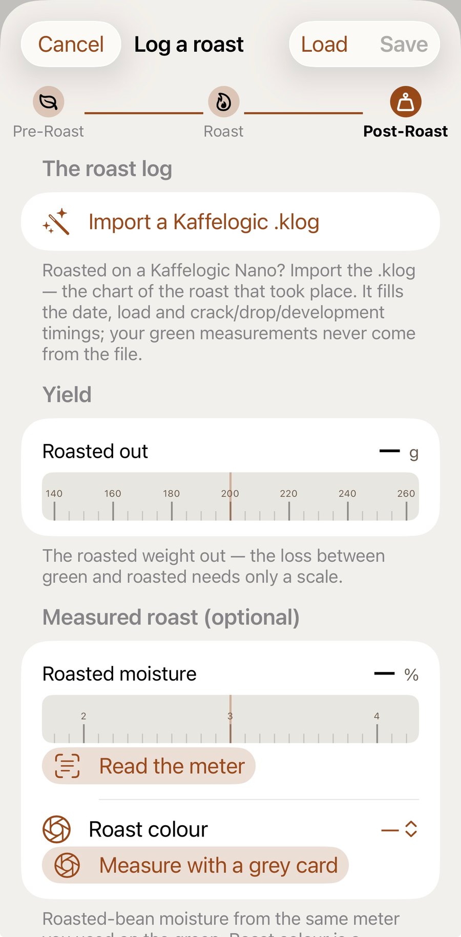 Log a roast, post-roast step: import a Kaffelogic klog, roasted weight out, roasted moisture, and roast colour measured with a grey card