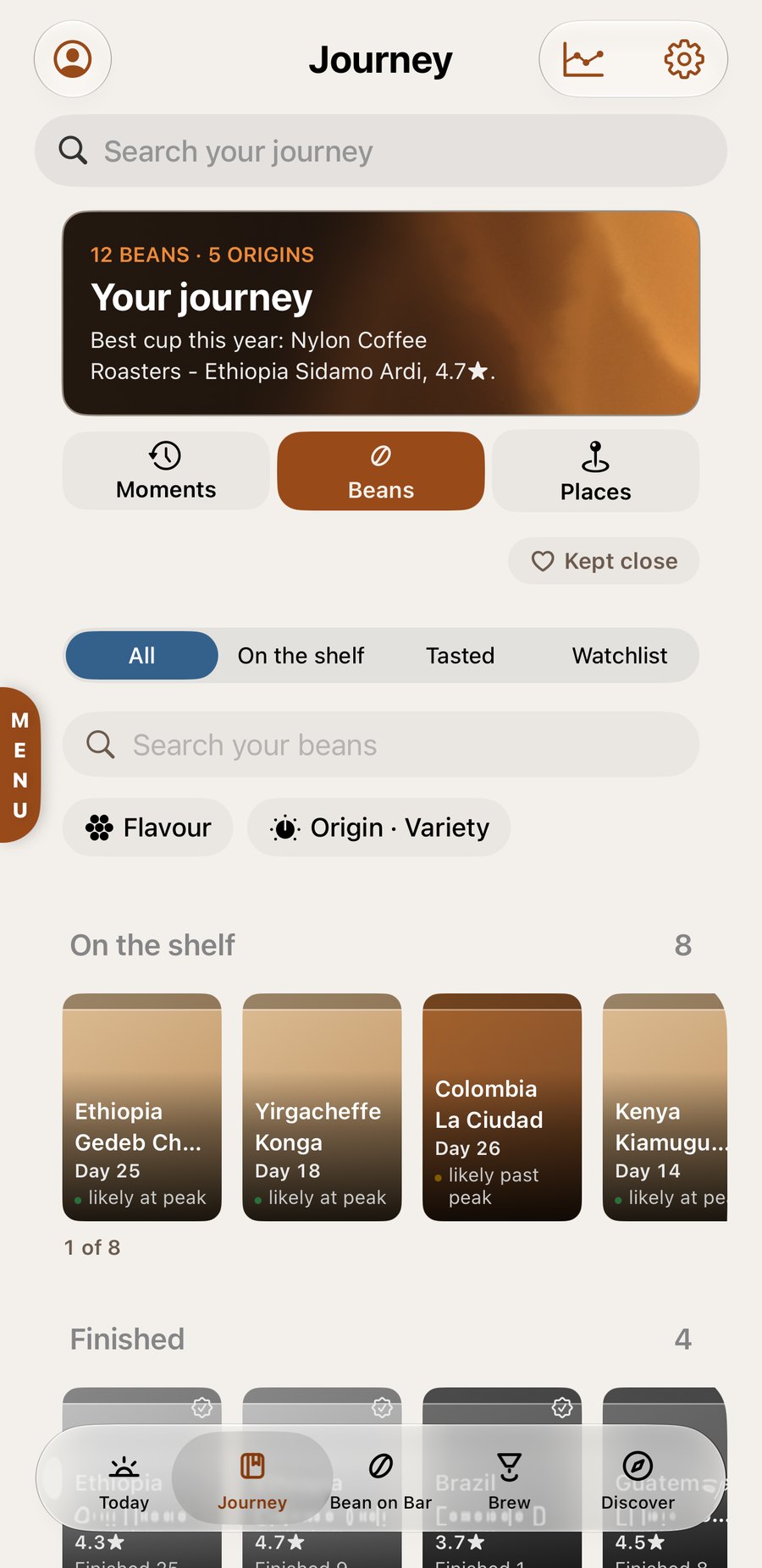 The Beans tab: twelve beans across five origins, eight on the shelf, bags marked day 25 and day 18 likely at peak and day 26 likely past peak, with a finished shelf below