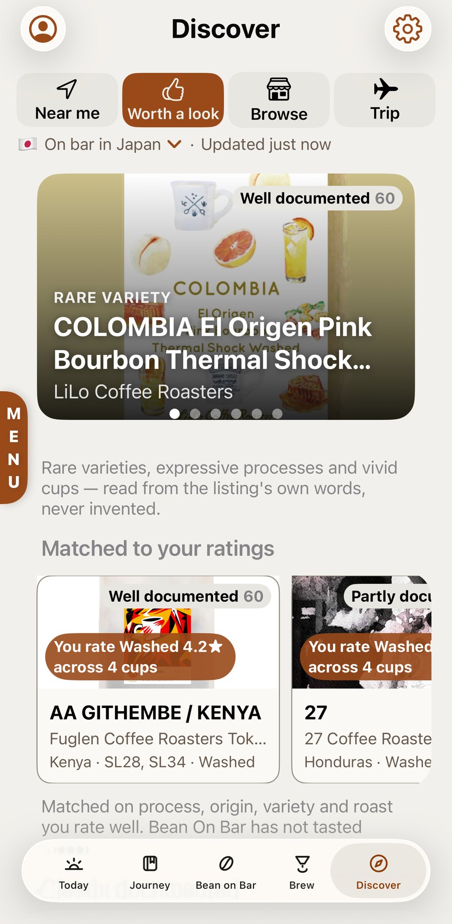 Worth a look, on bar in Japan: a Colombia El Origen Pink Bourbon Thermal Shock Washed from LiLo Coffee Roasters, and beans matched to washed coffees the reader rates 4.2 stars across four cups